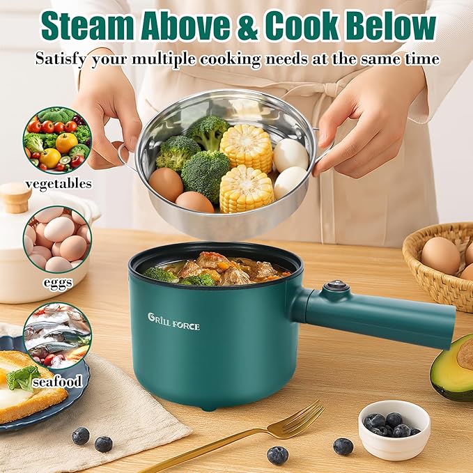 Electric Hot Pot with Steamer, 1.8L Ramen Cooker, Portable Cooking Pot Non-Stick Sauté Pan, Electric Pot for Pasta, Egg, Steak, BPA Free,Dual Power Control, Suit Dorm Room, Travel,RV,Hotel