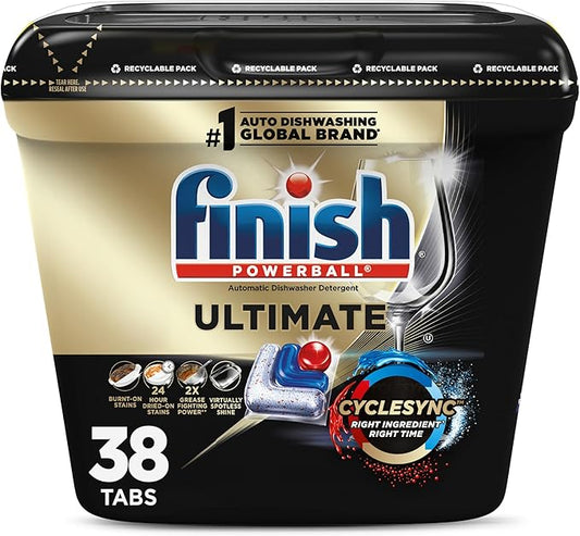 Finish Ultimate Dishwasher Pods, No Pre-Rinse Dishwasher Detergent Soap Removes Burnt-On Stain, with CycleSync Technology, Degreasing & Scrubbing Power, 38 Count