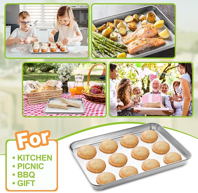 Small Baking Sheet of 2, CEKEE Stainless Steel Baking Pan Tray Cookie Sheet, Size 9 X 7 X 1 inch, Healthy & Non Toxic, Rust Free & Mirror Finish, Easy Clean & Dishwasher Safe