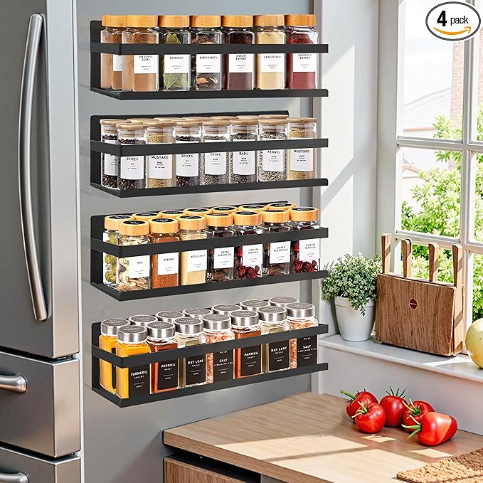 Magnetic Spice Rack Organizer for Fridge Seasoning Organizer for Kitchen Storage With Screw Magnetic Shelf for Oven, RV,Garage,Bathroom(Black, 4pack)