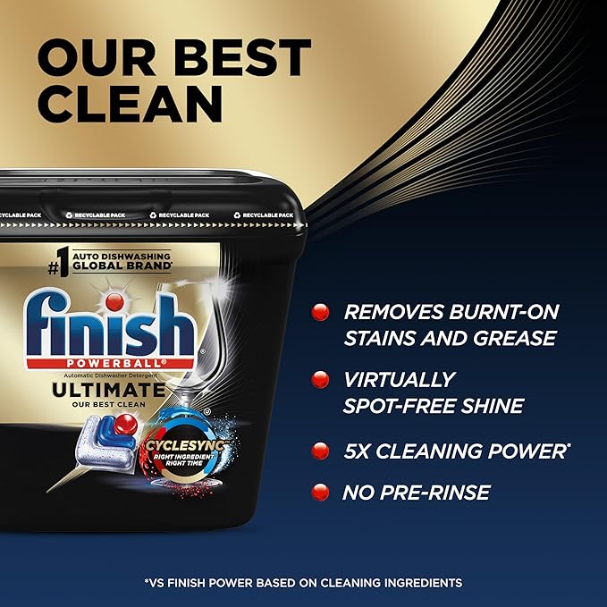 Finish Ultimate Dishwasher Pods, No Pre-Rinse Dishwasher Detergent Soap Removes Burnt-On Stain, with CycleSync Technology, Degreasing & Scrubbing Power, 52 Count (Packaging may vary)