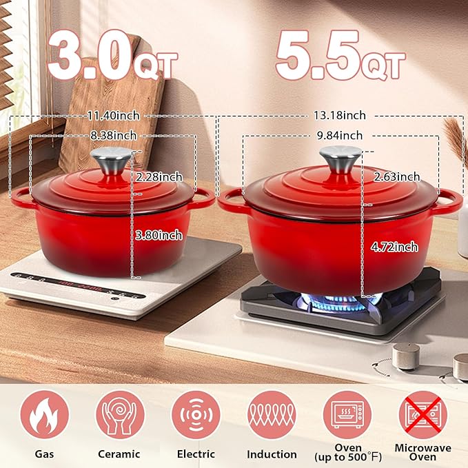 Romswi Enameled Cast Iron Dutch Oven Set - 3qt & 5.5qt Dual Combo - 7-Layer Professional Grade Dutch oven pot with lid - Oven Safe for Braising, Stews, Roasting, Bread Baking - Red Bread Dutch Oven