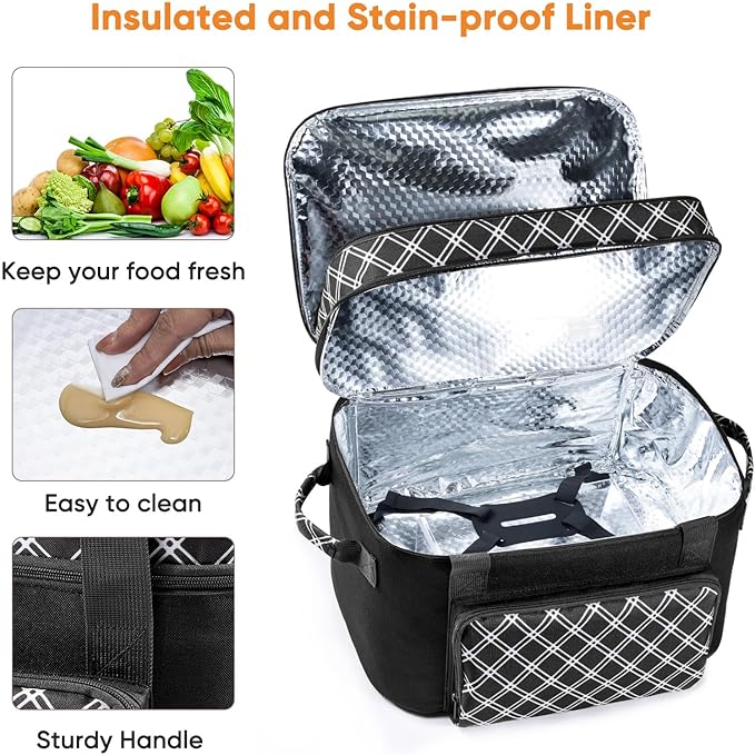 Double Layer Slow Cooker Carrier Bag – Fits 6–8 Qt Oval Slow Cooker Compatible with CrockPot & Hamilton Beach | Insulated Travel Tote with Utensil Storage & Adjustable Straps