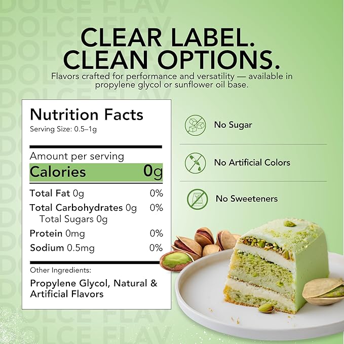 Dolce Flav Pistachio Extract – 2 Ounce Water-Soluble Kosher, Sugar-Free, Concentrated Nutty Pistachio Flavor for Baking, Ice Cream & Pastries, Includes Measured Dropper