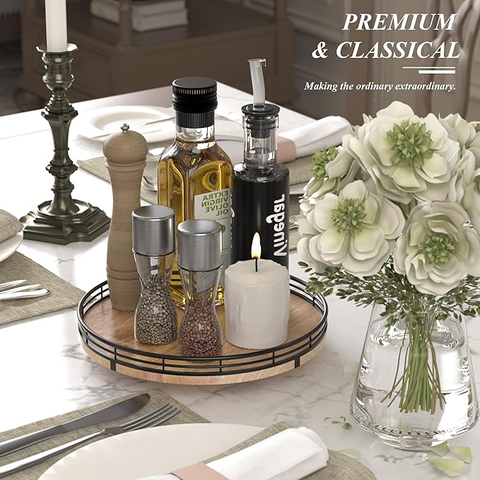 10" Lazy Susan Oak Wood Turntable Organizer for Cabinet, Round Wooden Farmhouse Lazy Susan Organization and Storage for Dining Table, Pantry, Kitchen, Countertop, Cupboard,Home Decor