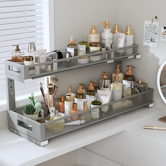 1 Pack 20.47IN Depth Under Sink Storage Organizer, Large 2-Tier Elegant Mesh Pull Out Shelf for Kitchen and Bathroom Cabinet Organization, L-Shaped and Adjustable Height Design-Gun Gray