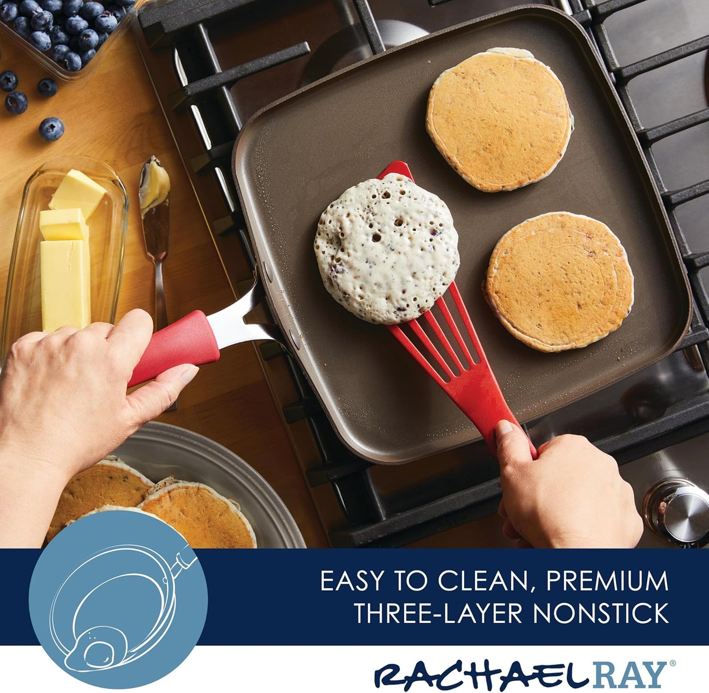 Rachael Ray Cook + Create Nonstick Stovetop Griddle/Grill Pan, Square, 11 Inch, Red