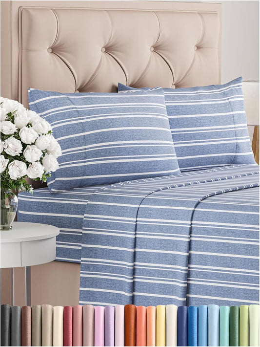 Queen Size 4 Piece Sheet Set - Comfy Breathable & Cooling Bed Sheets Set - Hotel Luxury Bedding for Women, Men, Kids, Teens, Boys & Girls - Deep Pockets, Soft, Wrinkle Free - Oeko-Tex - Blue Stripes 3