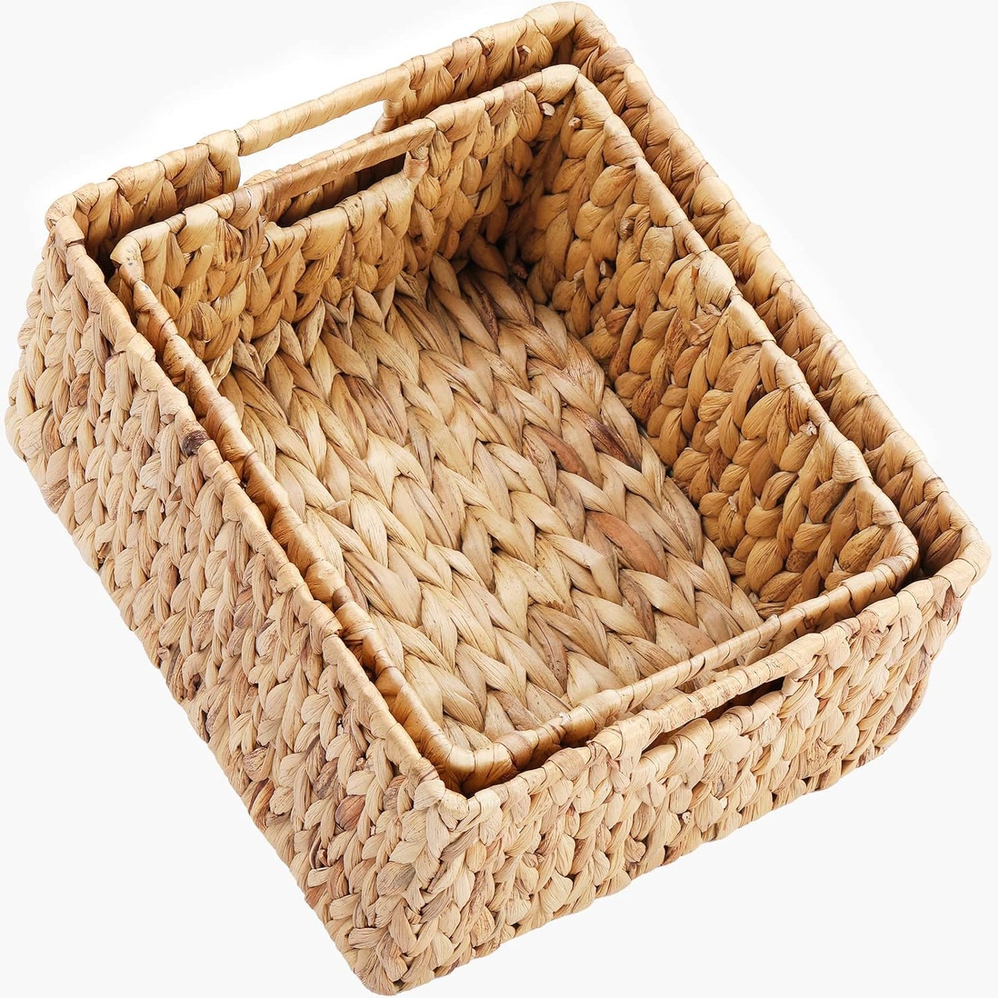 HOONEX Water Hyacinth Storage Baskets, Wicker Baskets for Organizing, Hand Woven Baskets with Carry Handles, Set of 2, Natural
