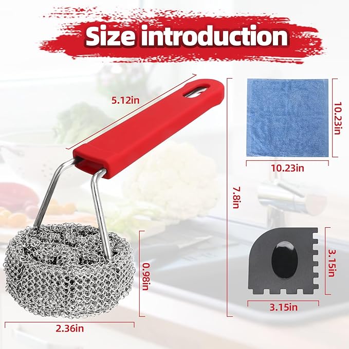 Cast Iron Chainmail Scrubber with Handle - Cleaner for Pans and Pots - Premium Stainless Steel/Silicone Scraper for Skillets - Ergonomic Food-Safe Design - Easy to Clean Cookware Dish Brush