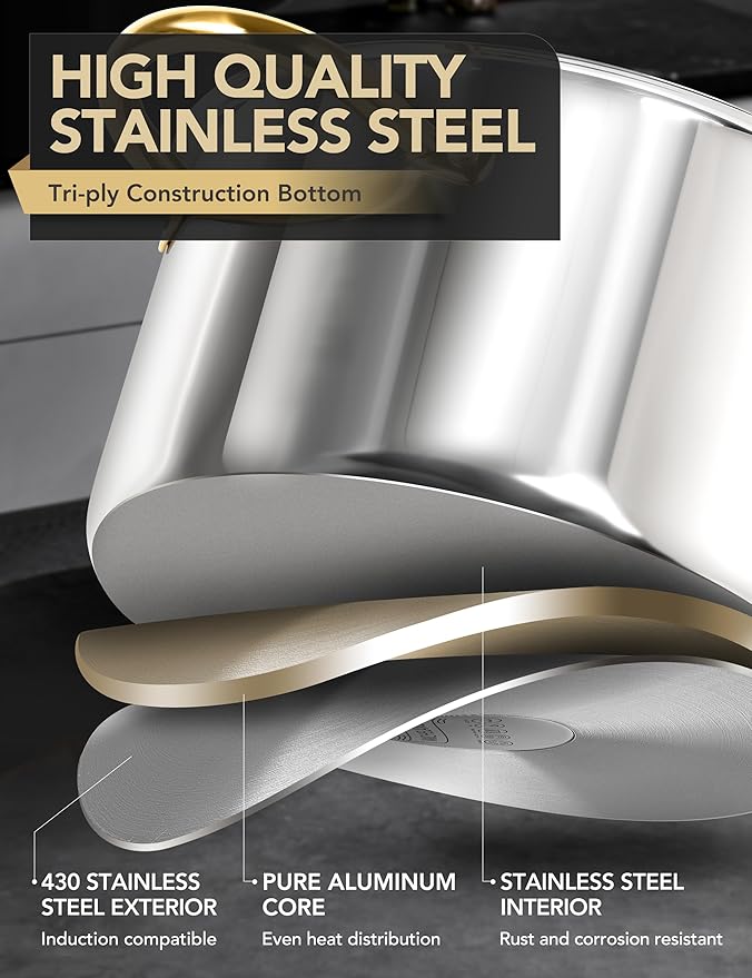 MICHELANGELO Stainless Steel Pots - 6 Qt Induction Pot with Lid, 18/10 Stainless Steel Stock Pot, Non Toxic Cooking Pot, Oven & Dishwasher Safe