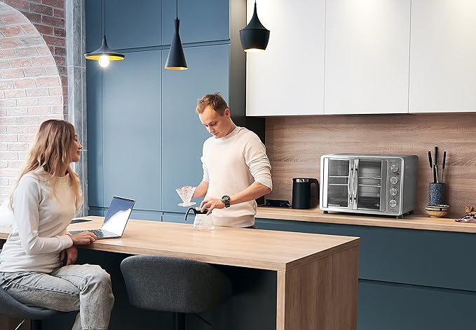 Elite Gourmet ETO4510B# French Door 47.5Qt, 18-Slice Convection Oven 4-Control Knobs, Bake Broil Toast Rotisserie Keep Warm, Includes 2 x 14" Pizza Racks, Stainless Steel