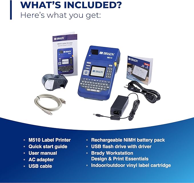 Brady M510 Portable Industrial Label Printer, 1.5" Wide Labels, Single Color Thermal Printing, for Laboratory, Field, or Facility, Blue/Gray, 3.75" H x 5.75" W x 10" D