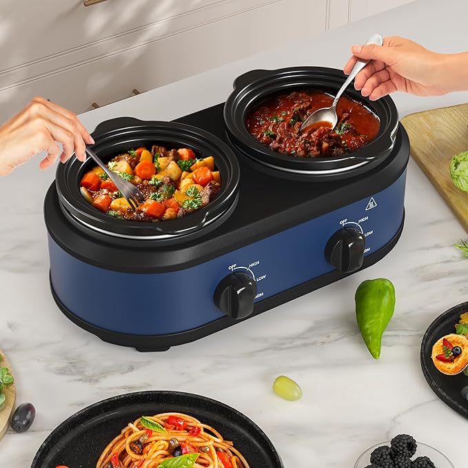 Kiss the Water Dual Slow Cooker, Buffet Server and Warmer with 2 Removable Ceramic Pots, Slow Cooker Food Warmer with 3 Adjustable Temp & 2 Visible Glass Lids, Stainless Steel, 2 x 1.25 QT, Blue