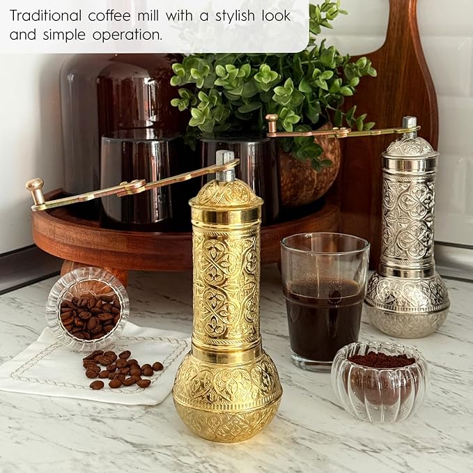 Decorative Handmade Coffee Grinder, Refillable Turkish Spice Mill, Manual Coffee Mill with Handle, Coffee Grinder Metal with Hand Crank 18 cm-7.1 inch