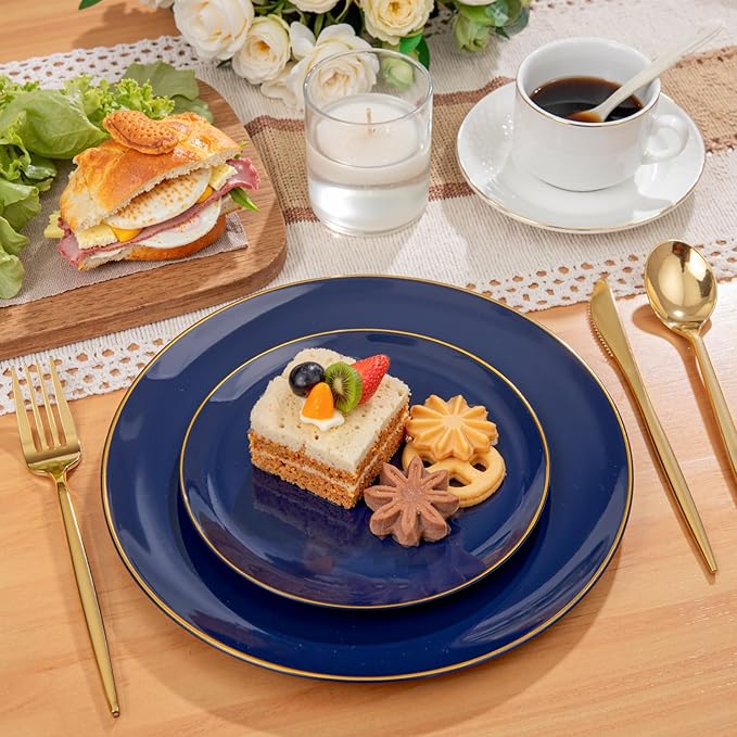 PULOTE 200 Pieces Blue Plastic Plates - Navy Blue and Gold Disposable - Include 100PCS 10 inch Dinner & 100PCS 7 inch Dessert Plate for Party