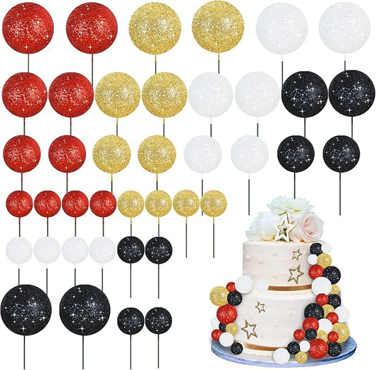 BEISHIDA 40 Pcs Foam Ball Cake Toppers with Sticks Mini Cake Decorations for Birthdays, Weddings, Baby Showers, DIY Baking Supplies, Anniversary Party (Red, Black, White，Gold)