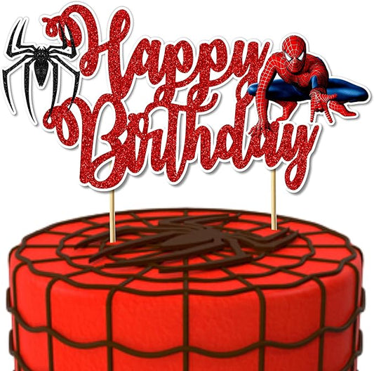 Spidrmn Happy Birthday Cake Topper – Superhero Cake Decoration for Boys, Party Supplies, Super hero-Themed Birthday, Spidr-Mn Party Accessory - Birthdays Decorations.