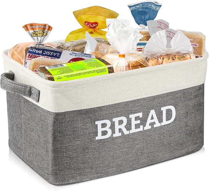 Bread Storage Basket for Kitchen, Foldable Fabric Bread Keeper Bread Storage Container Bin with Handles, Bread Baskets for Kitchen Counter and Pantry (White & Grey)