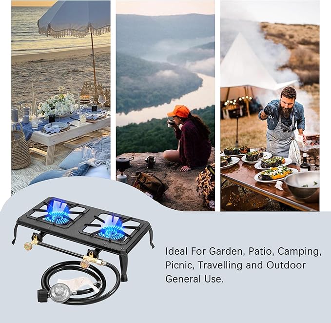 Vivicreate Cast Iron Propane Gas Stove Double Burner Heavy Duty Portable Removable Outdoor Cooker 200LB Support High Heat for Camping BBQ Fogon de Gas Estufa de Gas Portatil Parrillas de Gas