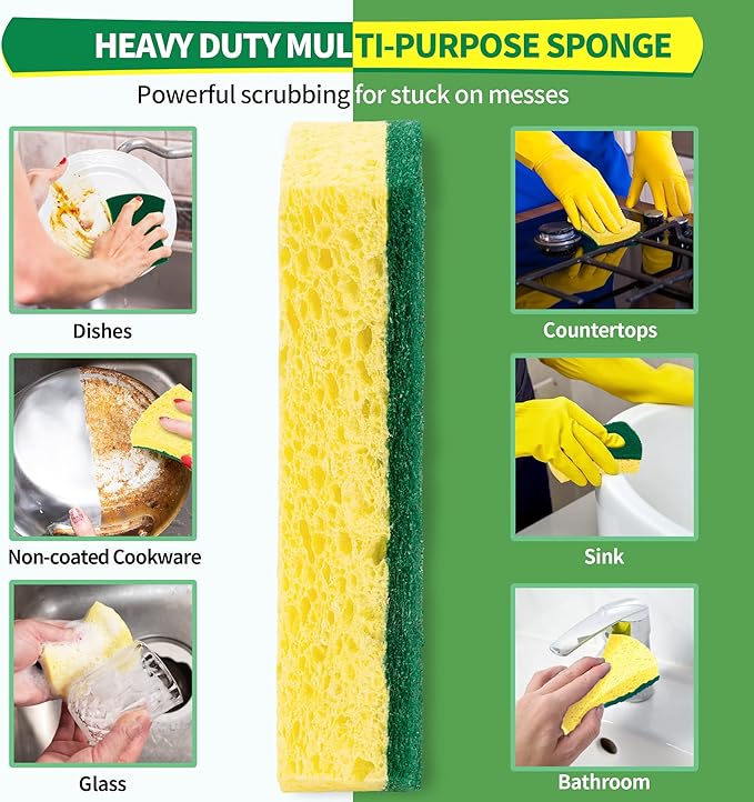 HOMERHYME Heavy Duty Cellulose Scrub Sponges, 12 Pack Dual-Sided Multipurpose Kitchen Sponge for Dishwashing, Uncoated Cookware, Sink, and Countertops