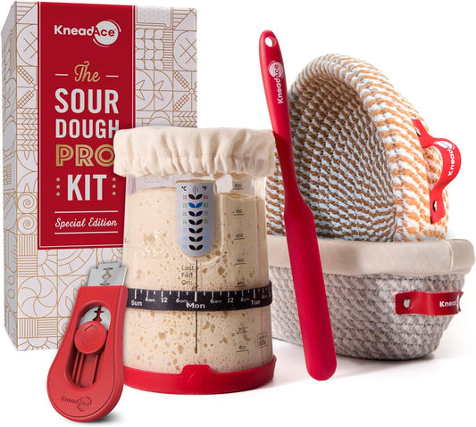 KneadAce Sourdough Starter Kit – 34oz Starter Jar, 2 Cotton Rope Banneton Proofing Baskets, Magnetic Bread Lame for Scoring – Gift for Bakers & Complete Sourdough Bread Baking Set