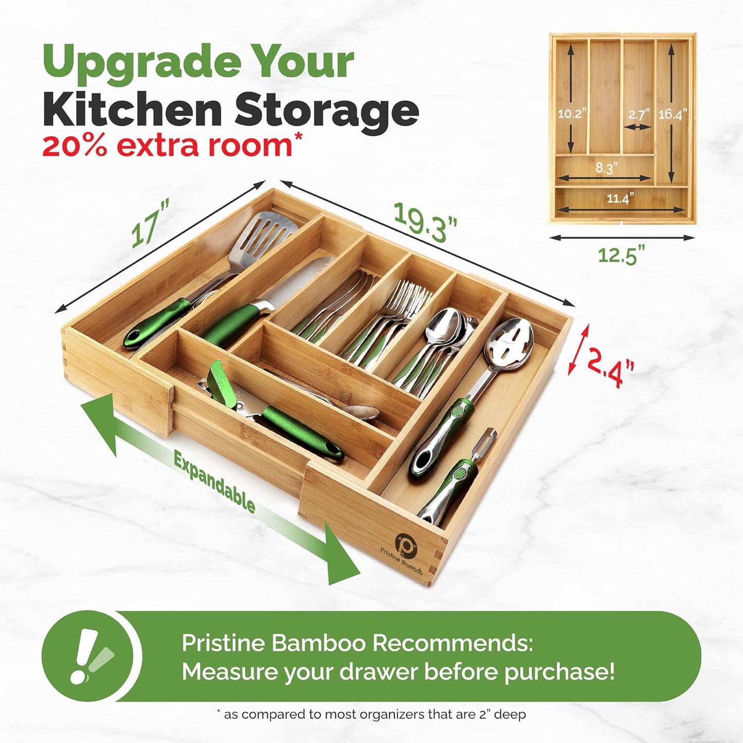 Silverware Tray for Drawer Organizer,Kitchen Drawer Organizer,Cutlery Organizer in Drawer, Flatware Silverware Holder, Expandable Adjustable Wooden Dividers (8-slots)