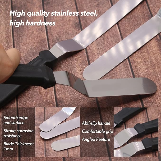 Stainless Steel Icing Spatulas Angled Cake Spatulas with 3 Cake Smoother Scrapers- Professional Frosting Offset Spatula Set with 6, 8, 10 inch Blades for Cake Decorating