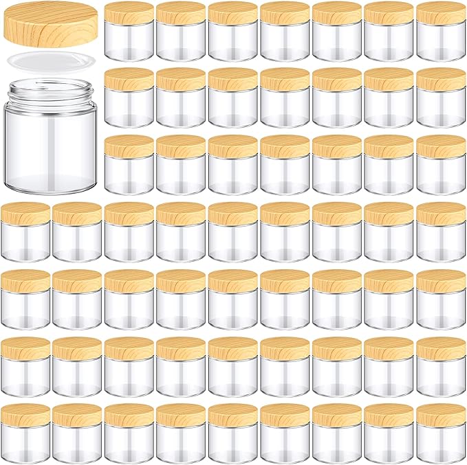 Norme 64 Pcs 4 oz Glass Jars with Lids Empty Small Glass Containers and Inner Liners Reusable Cosmetic Jars Round Airtight Bottles with Plastic Woodgrain Lids for Travel