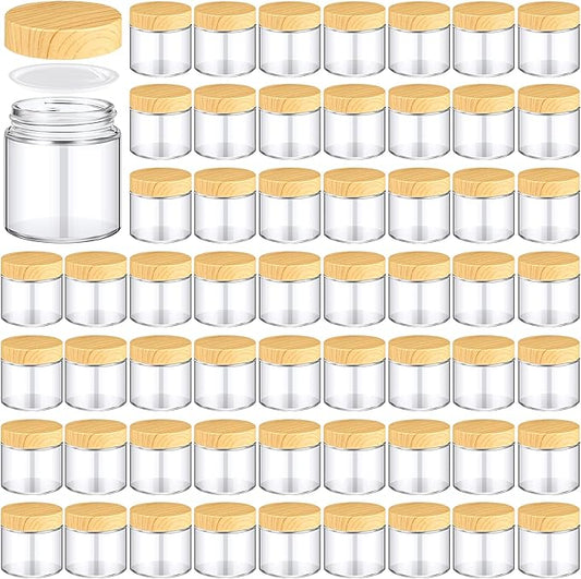 Norme 64 Pcs 4 oz Glass Jars with Lids Empty Small Glass Containers and Inner Liners Reusable Cosmetic Jars Round Airtight Bottles with Plastic Woodgrain Lids for Travel