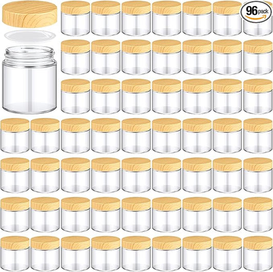 Norme 96 Pcs Glass Jars with Lids Empty Small Glass Containers and Inner Liners Reusable Cosmetic Jars Round Airtight Bottles with Plastic Woodgrain Lids for Travel (4oz)