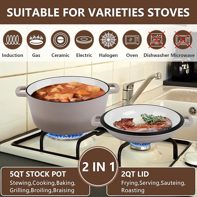 E-far 5 Quart Enameled Cast Iron Dutch Oven, 2 in 1 Dutch Oven Pot with Skillet Lid and Silicone Bread Sling, Ideal for Bread Baking, Cooking, Stewing, Frying, Induction & Oven Safe - Khaki