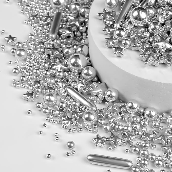 Silver Pearl Rods Star Sugar Sprinkles, Silver Sprinkles for Cake, Edible Pearls Baking Candy, 150g/5.29oz Mix Size, Cupcake Decoration, Wedding Party Supplies