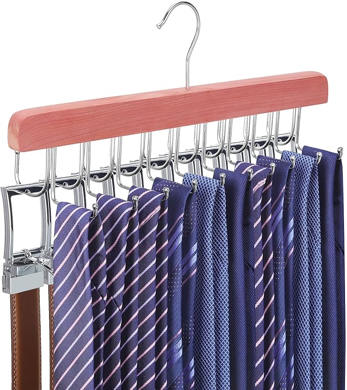 TOPIA HANGER Cedar 2 in 1 Belt Tie Hanger for Closet Max 30 Belts with 30 Ties Capacity, 20 Hooks Belt Tie Racks Hanger for Closet Organizer Storage “U” Fit Belt and “一” Fit Tie - CT53C