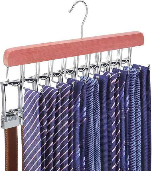 TOPIA HANGER Cedar 2 in 1 Belt Tie Hanger for Closet Max 30 Belts with 30 Ties Capacity, 20 Hooks Belt Tie Racks Hanger for Closet Organizer Storage “U” Fit Belt and “一” Fit Tie - CT53C