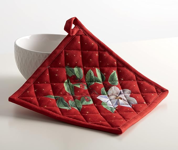 Maison d' Hermine 100% Cotton Oven Mitt & Pot Holder Set (7.5"x13" & 8"x8") Heat Resistant BBQ Cooking Gloves with Loop, Baking, Grilling, Kitchen, Handling Hot Pans (Noel)