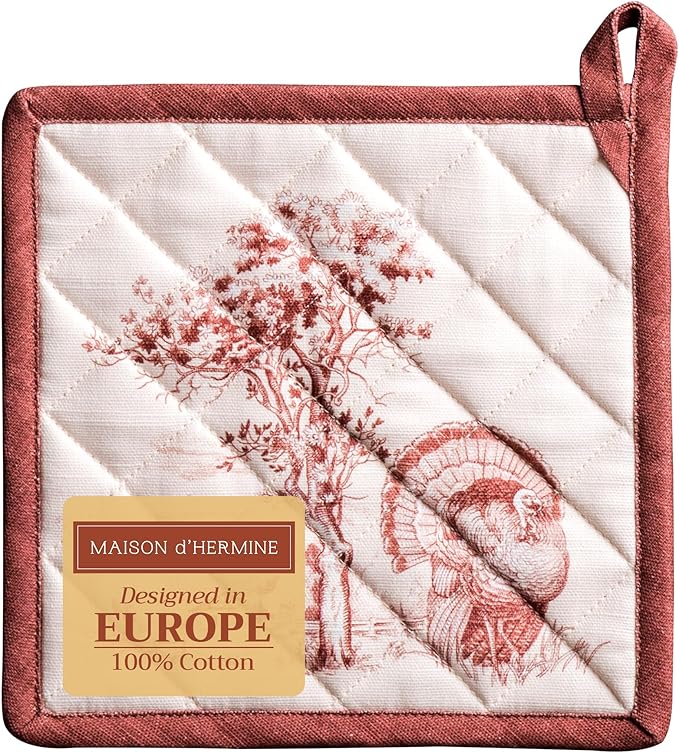 Maison d' Hermine Pot Holders 100% Cotton Heat Resistant Potholders 8" x 8" Hot Pads with Loop BBQ, Cooking, Baking, Grilling, Kitchen, Handling Hot Pans (Pack of 1, Holy Jouy - Brown)
