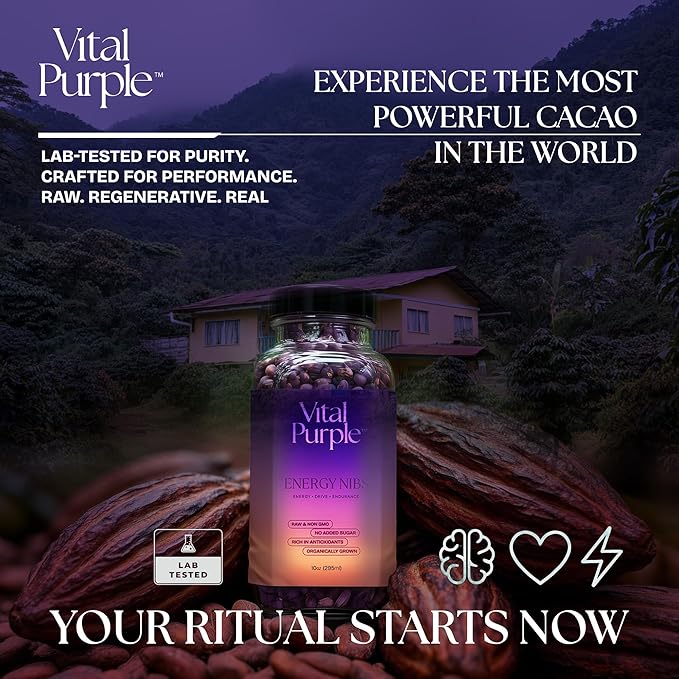 Vital Purple High Flavonal 100% Raw Cocoa Energy Nibs – 900mg Flavanols, Purple Cacao, Unroasted & Unfermented - Clean Fuel for Performance & Recovery (10 oz)