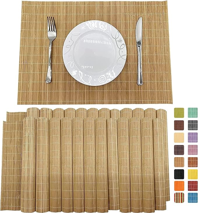 ANDSTAR Set of 24 Bamboo Placemats 17.7X11.8Inch Sushi Rolling Mat Japanese Style Bamboo Mat Natural Place Mats Washable Heat Resistant Table Mats for Dinner Dining Table Wedding Parties（Brown）