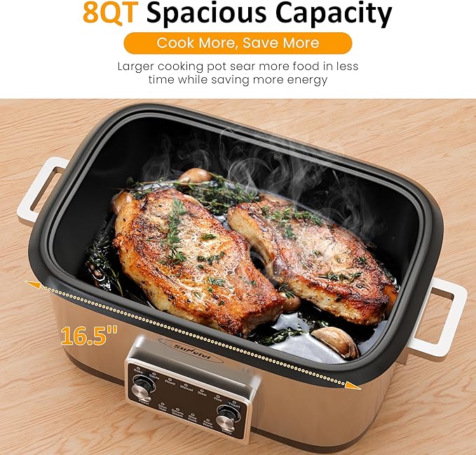 Sunvivi 8 Quart Slow Cooker Roaster Oven, 12 in 1 programmable Multi-Cooker Food Warmer with Digital Timer, Temp Control, Removable Cast Aluminum Pot & Dishwasher-Safe Tempered Glass Lid, Stainless