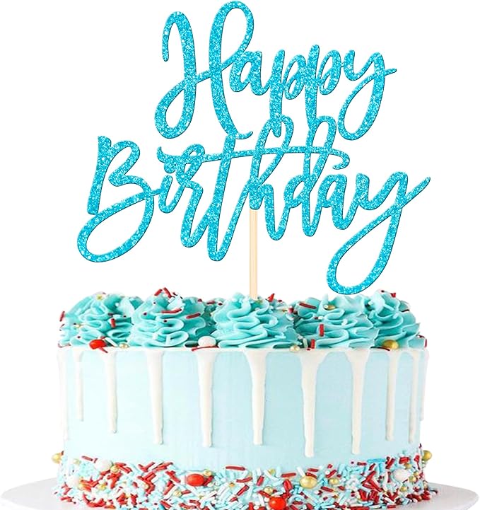ZHUOWEISM 1 PCS Happy Birthday Cake Topper Glitter Happy Birthday Cake Pick for Celebrating Happy Birthday Anniversary Theme Party Cake Decorations Supplies Light Blue