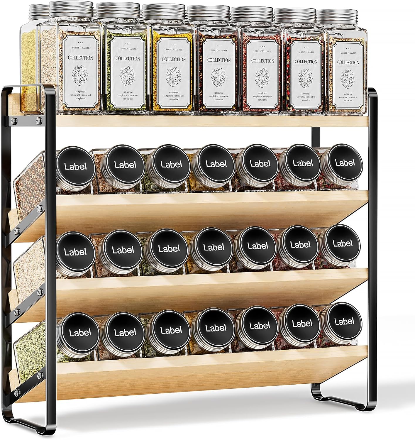 MUDEELA 4 Tier Spice Rack Organizer for Cabinet, Wooden Vertical Spice Shelf, Seasoning Organizer for Countertop, Kitchen, Pantry, Freestanding, 13.4" W × 11.2" H (No Jars Included), Black