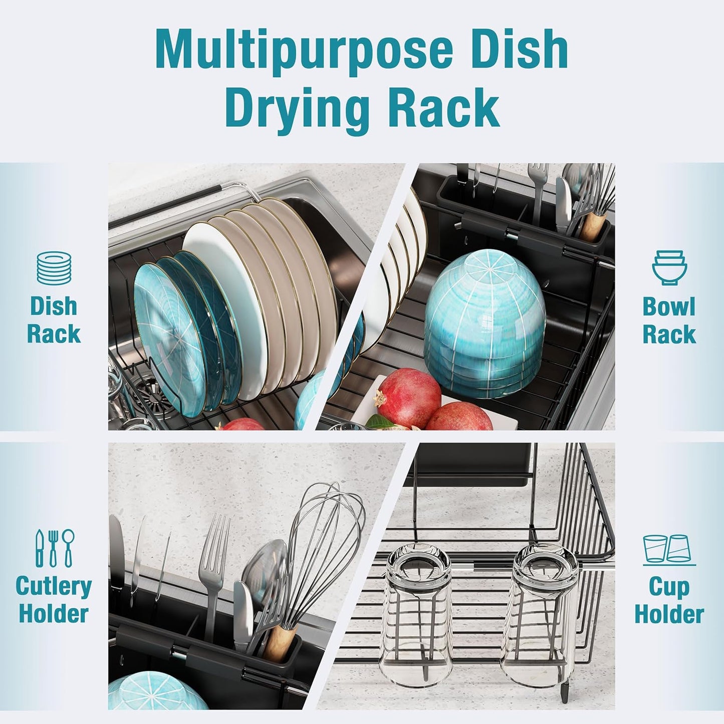 JASIWAY Dish Drying Rack in Sink, Over The Sink Colander Strainer Basket, Stainless Steel Strainer Basket with Expandable Rubber Grip Handles for Vegetables, Fruits, Home Kitchen Essentials, Black