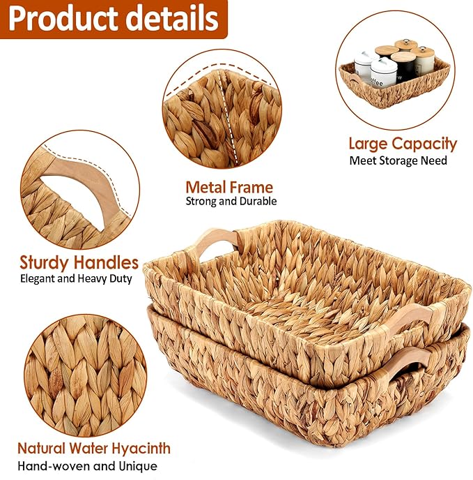 Wicker Baskets 2 Pack, Water Hyacinth Wicker Storage Basket with Wooden Handles, Hand-Woven Baskets for Storage, Natural