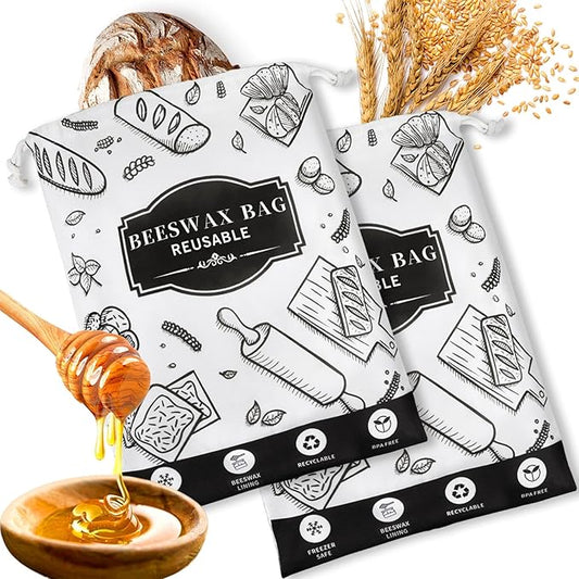 2-Pack Beeswax Bread Bags for Homemade Bread, Black Reusable Sourdough Storage Bags with Premium Beeswax Coating for Loafs Baguette Fresh Keeping,Great Homesteading Essentials and Baking Gifts.