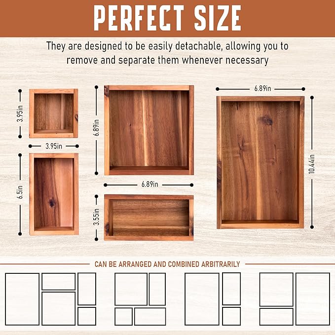 Demigo Acacia Drawer Organizer Set of 5, Cabinet Container Box, Wood Bin Set in Varied Sizes, Dividers Holder for Storage Cooking Utensils Spices Tea Bags Foods Office Items (Brown)