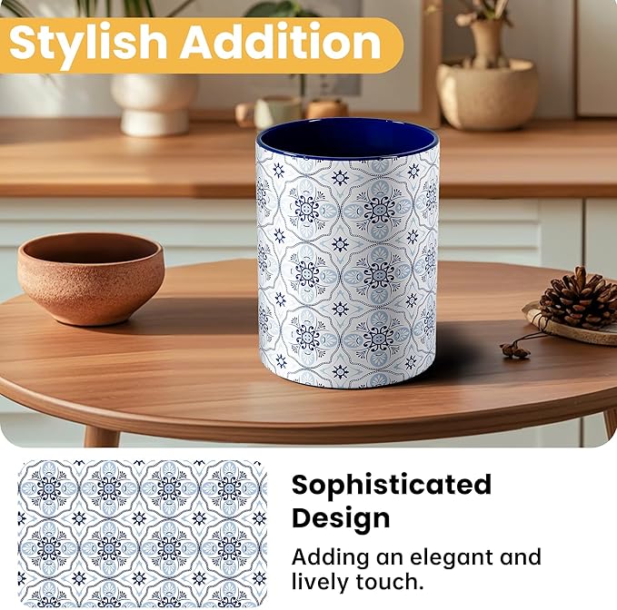 Ceramic Kitchen Utensil Holder for Countertop, Large Mediterranean Utensil Crock ,Navy Blue