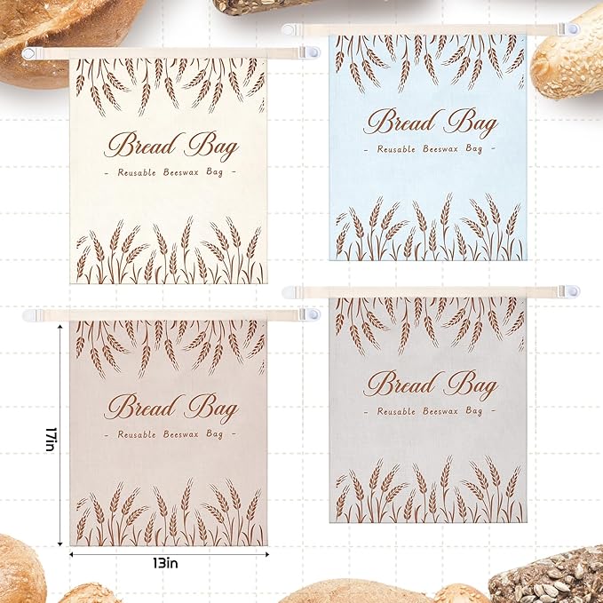 4 Pcs Beeswax Bread Bags for Sourdough Reusable Cotton Bread Storage Bags 13” x 17” Large Container Accessories for Homemade Loaf Keep Fresh Food Storage Gifts