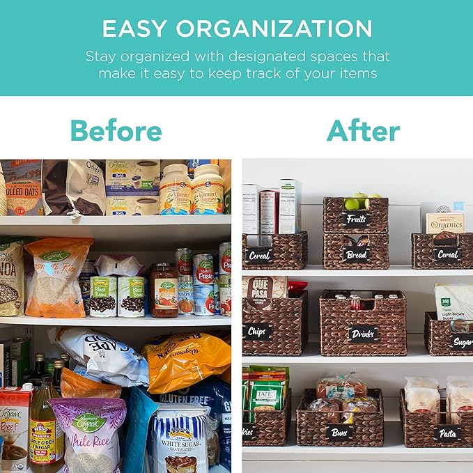 Best Choice Products Set of 4 16x12in Large Water Hyacinth Pantry Baskets, Woven Organizers w/Chalkboard Label, Chalk Marker - Brown