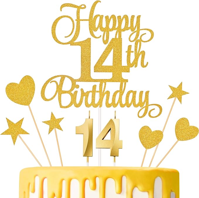 14th Birthday Cake Decorations, 14th Birthday Candles Cake Numeral Candles and Glitter Happy 14th Birthday Cake Toppers Set for Birthday Party Supplies (Gold)